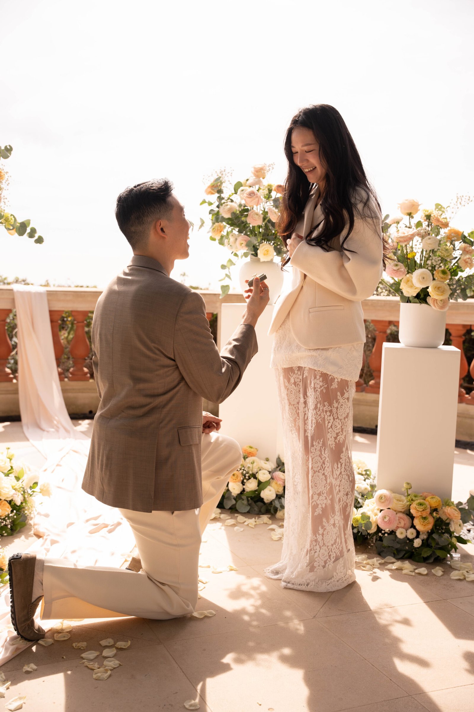Luxury marriage proposal at Grand Hôtel du Cap Ferrat in St Jean Cap Ferrat on the French Riviera with elegant floral decoration overlooking the sea.