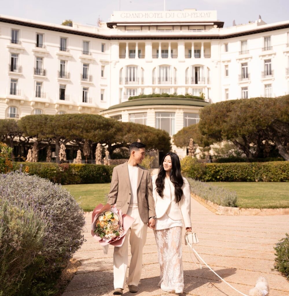 Luxury marriage proposal with floral decoration overlooking the sea in St Jean Cap Ferrat on the French Riviera.